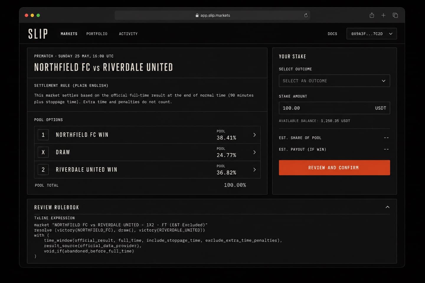 Slip market screen: Northfield FC vs Riverdale United, pool options, stake panel, and Review Rulebook with TxLINE expression